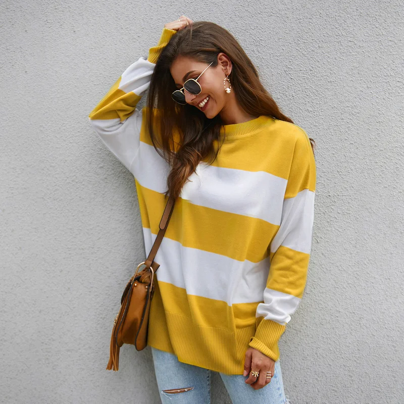Новинка 2019 Осенний вязаный свитер Повседневный длинный рукав в полоску