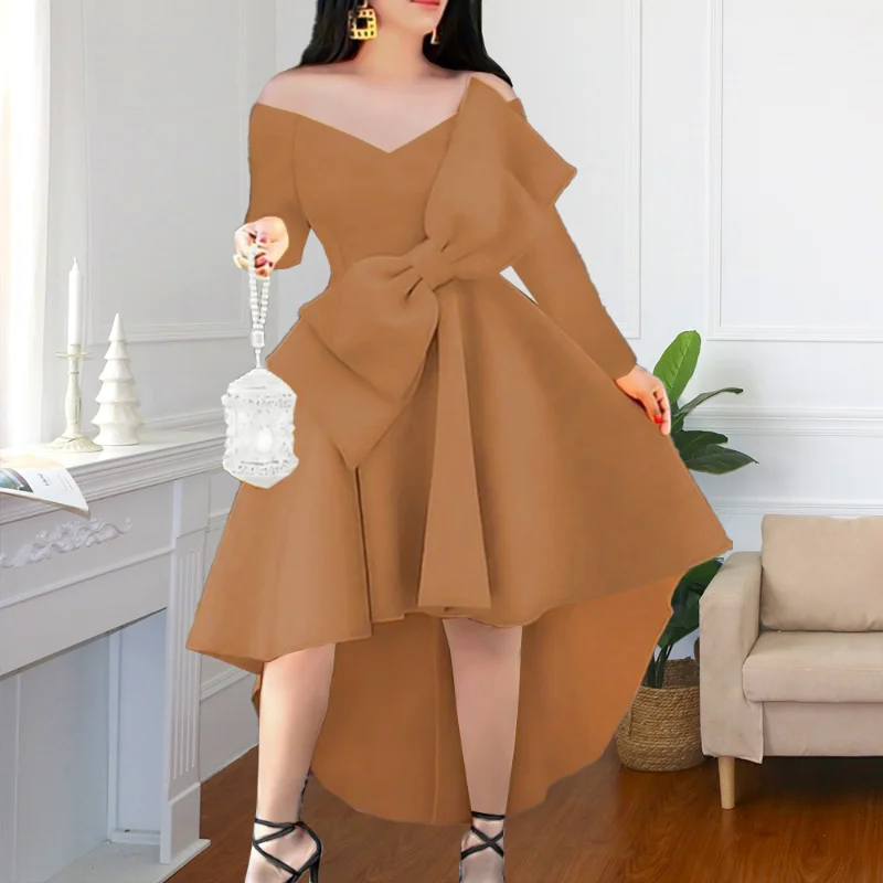 

Irregular Dresses V Neck Big Bowtie Off Shoulder Long Sleeve Autumn Sexy Classy Party Elegant Prom Bridesmaid Dresses for Women