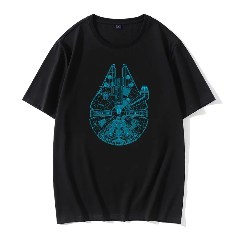 

Gift T Shirt Men Millenium Falcon Blueprint Tshirt 100% Cotton Father Day Tees Retro Geometric Spaceship Print Tees