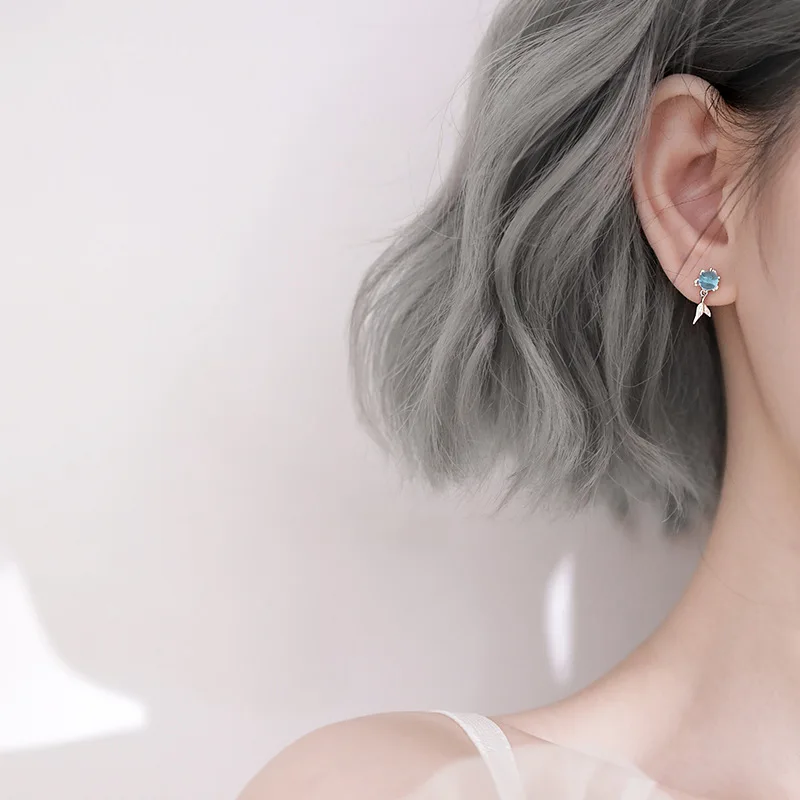 

925 Sterling Silver Piercing Crystal Mermaid Stud Earrings for Women Girls Wedding Party Femme Jewelry pendientes eh1419