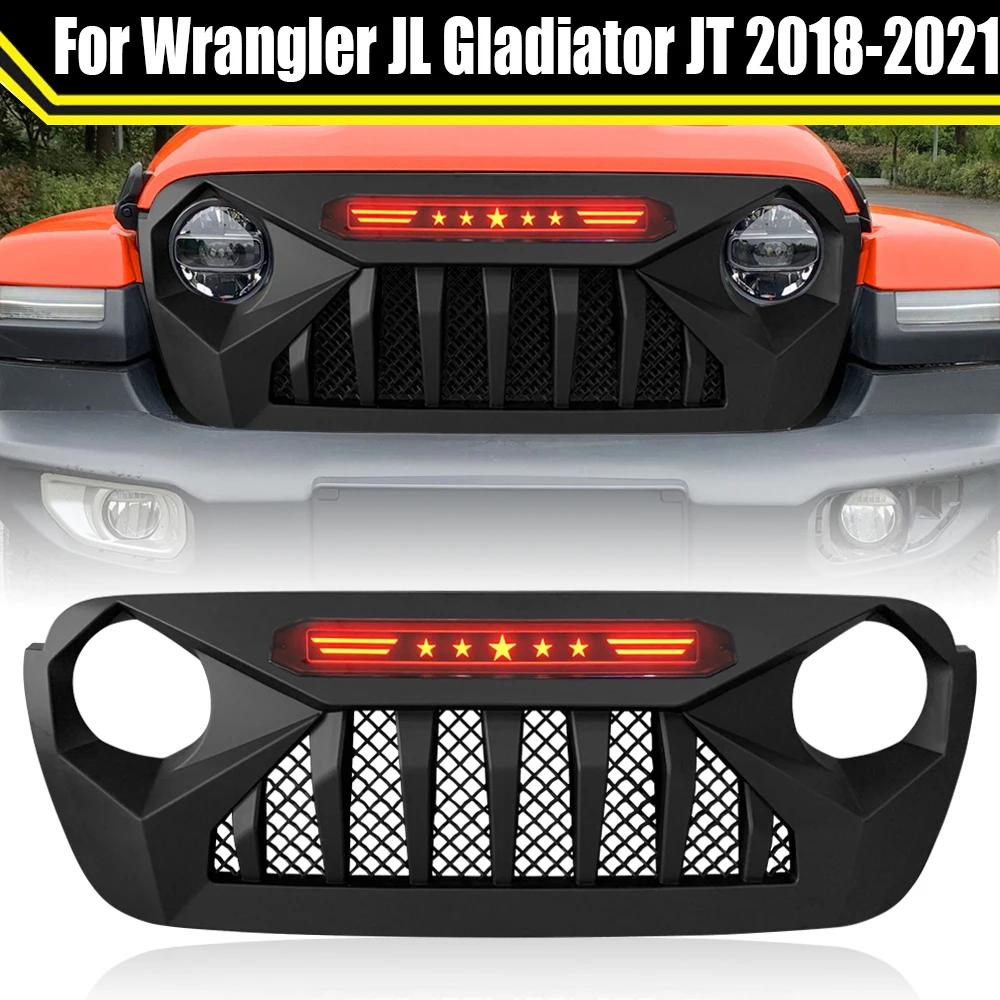 

Front Mesh Grill Racing Grills For Jeep Wrangler JL Gladiator JT 2018-2021 Accessories Offroad Bumper Grille Cover with Light