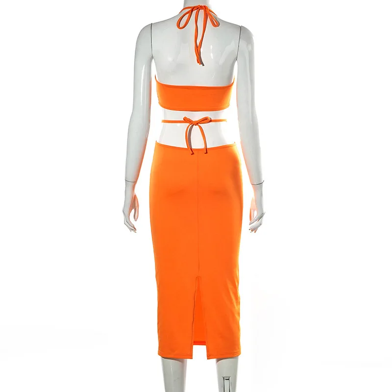 

Womens Two Piece Set with Skirt Bra Top and Skirt Set for Women Sexy Halterneck Bra Long Skirts Orange Bohemian Beachwear 2021