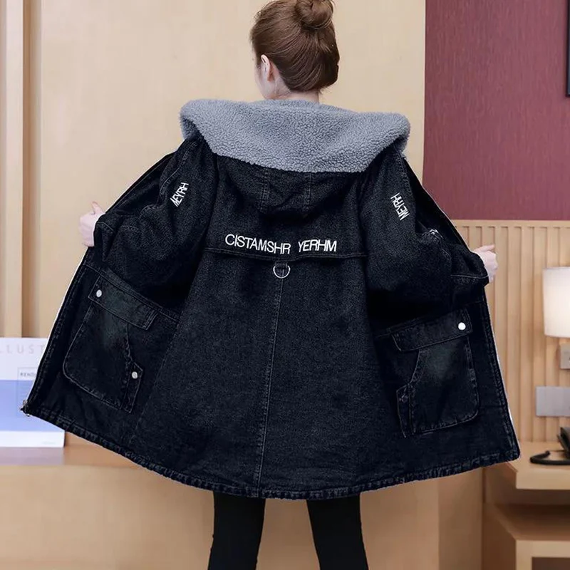 Размера плюс овечья шерсть джинсовая куртка Женская длинная Тренч осень-зима