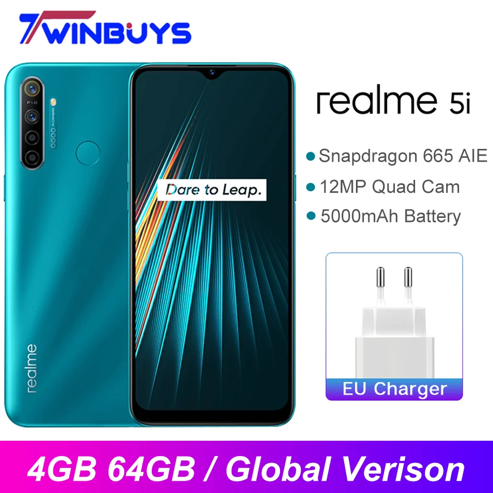 Realme 5i 4 Гб 64 Смартфон Snapdragon 665 AIE 6 5 ''мини камера 12 МП Quad Camera 5000 мАч глобальная