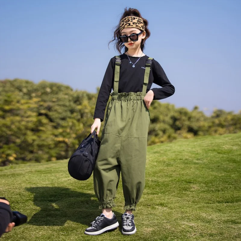 

Girls Suits Sweatshirts + Overalls 2pcs Kids Cotton Tracksuit 2021 Green Spring Autumn Uniforms Sport Teenagers Outwear Children