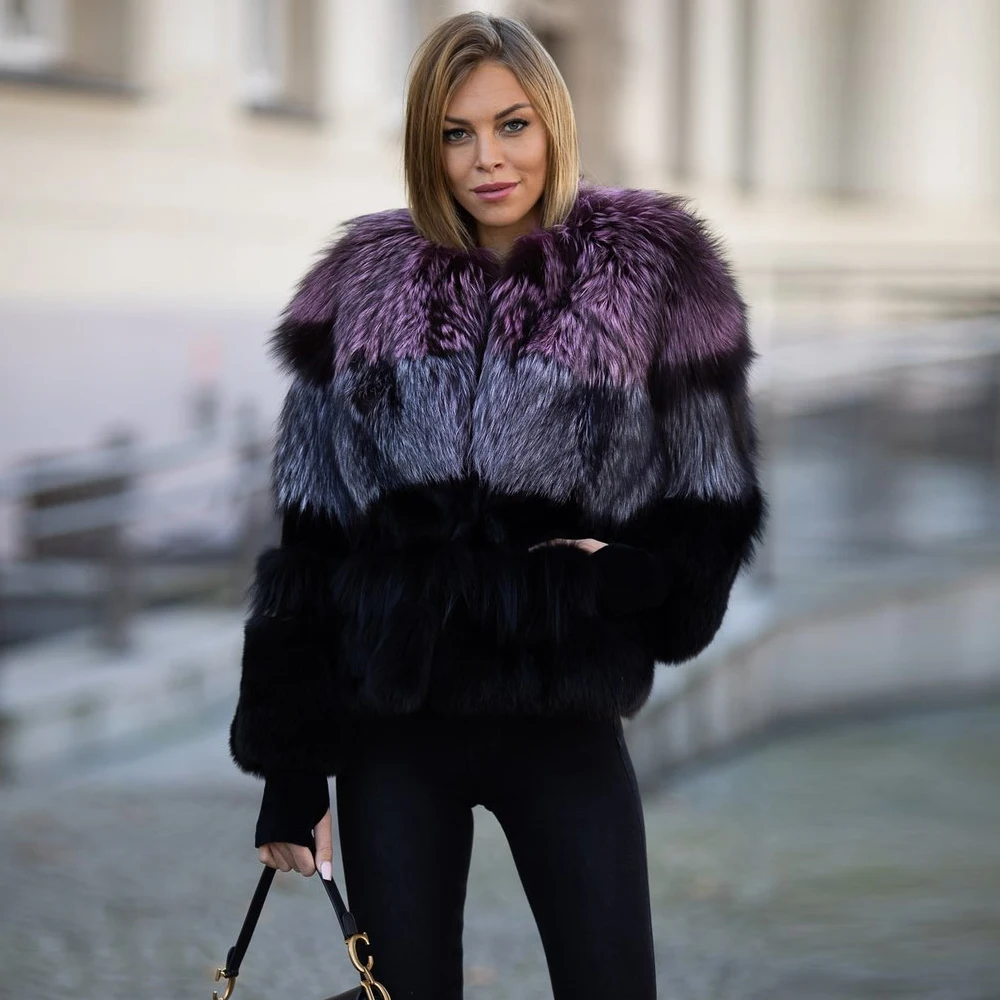 High Quality Real Fox Fur Jacket Round Collar Fashion Color Patchwork Natural Fox Fur Coat Woman Winter Outwear Luxury Overcoats