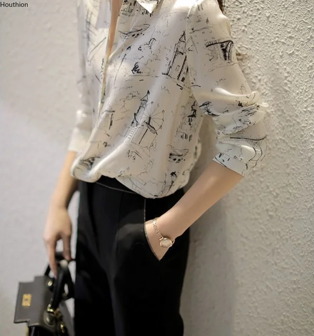 

Женская блузка Houthion с длинным рукавом, рубашка с принтом и воротником-поло, модные топы, корейский стиль, Повседневная Удобная женская шифон...