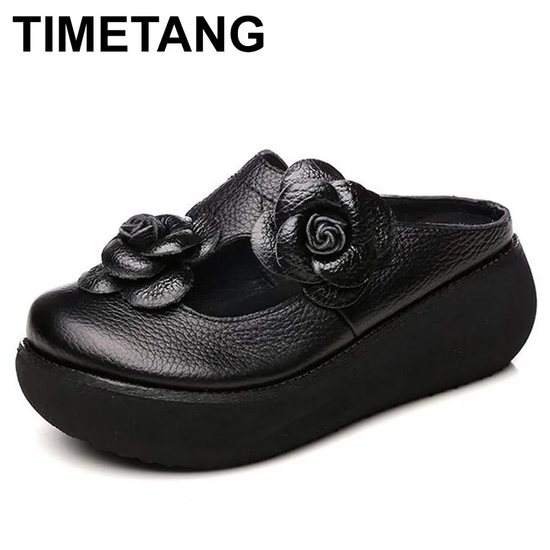 

TIMETANG Summer Genuine Leather Slippers Handmade Shoes Flower Slides Flip Flops Platform Clogs For Women Wedges Slippers
