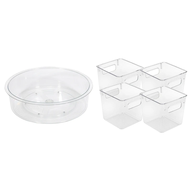 

4 Pcs Plastic Storage Box Bin Containers for Kitchen Food & 1 Pcs 360 Degree Rotatable Storage Box