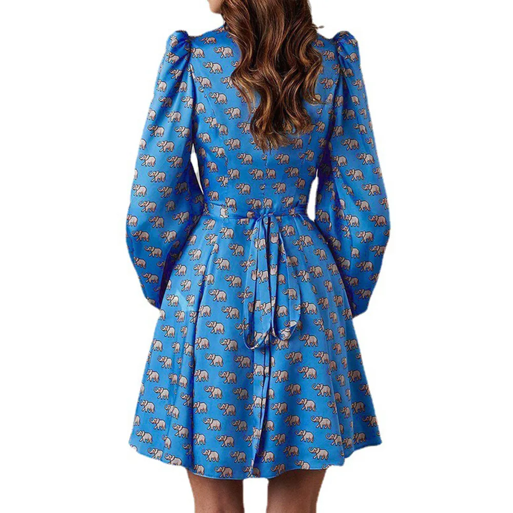 

Spring 2021 New Fashion Women Retro Dress Stain Print Tunic Lace Up Single-Breasted Dresses Deep V Neck Short Vestidos OL Robes