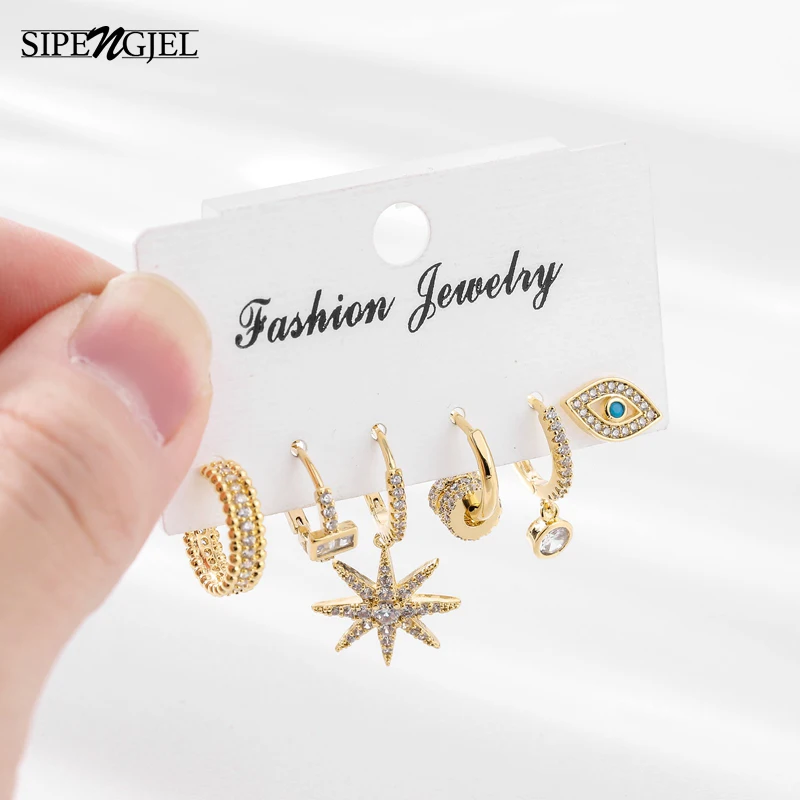 

SIPENGJEL Fashion Punk Star Pendant Earrings Sets Hip Hop Gold Color 6-piece Small Hoop Earrings For Women Jewelry Gift 2021