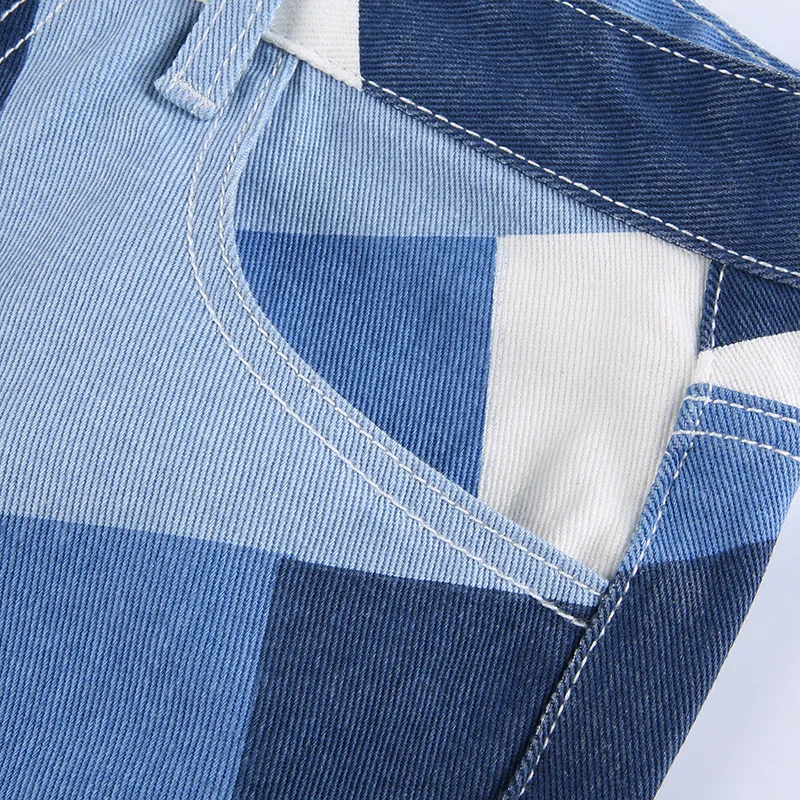 

Women's Fashion Spring And Summer Ins Personality Loose Casual High Waist Plaid Contrast Wide Leg Jeans Long Pants 2021 New