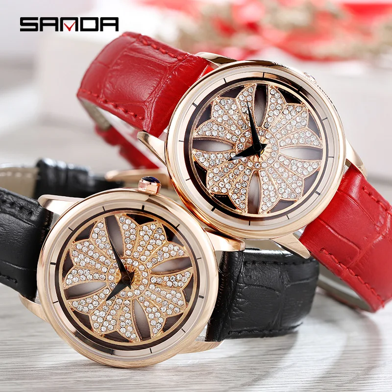 Sanda Топ бренд модные женские часы Изысканный цветочный циферблат вращающийся