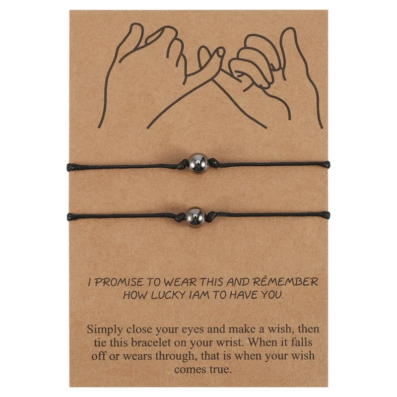 2pcs/set Wish Jewelry Round Ball Spherical Wax Line Braided Couple Bracelet Natural Stone Lucky Black String Fashion Jewelry