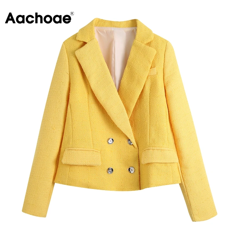 

Aachoae для женщин в винтажном стиле; Однотонные Цвет пиджак двубортный с длинным рукавом деловая модельная одежда пиджаки для женщин отложной...