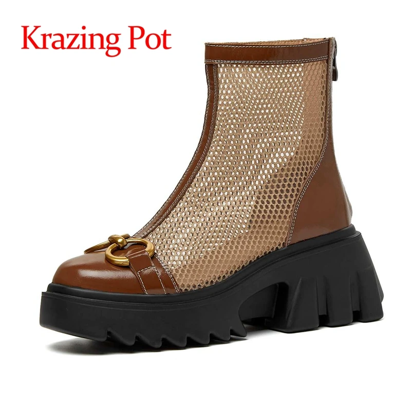 

Ботильоны Krazing Pot на высоком каблуке, винтажные дышащие, однотонные, на молнии, на толстой подошве, ручная работа, на лето, L18