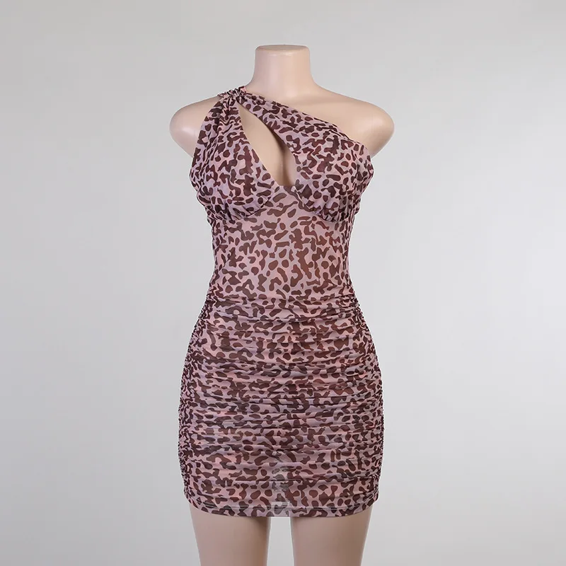 

Leopard Print Bodycon Dress One Shoulder Mesh Dress 2021 Summer Ladies Mini Sexy Party Dresses Vestidos