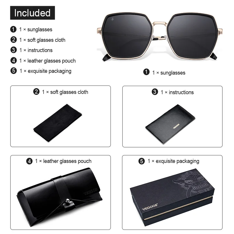 Женские солнцезащитные очки VEGOOS большие поляризационные в винтажном стиле с