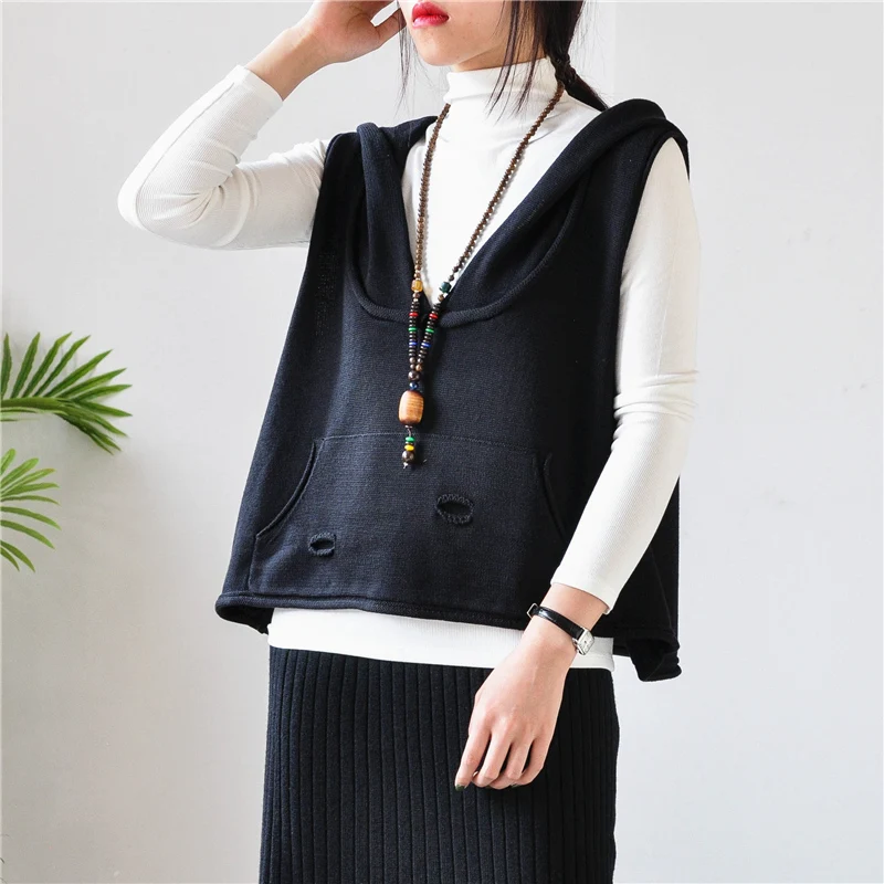 

Жилет женский вязаный с капюшоном, свободная куртка, короткий свитер, безрукавка, Осень-зима