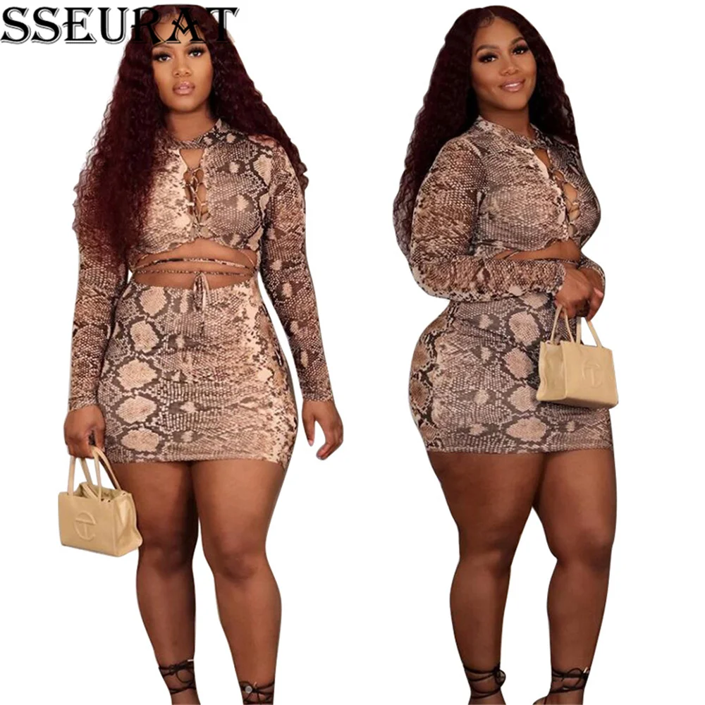 

SSEURAT Sexy Party Women Two 2 Piece Set Outfits Print Long Sleeve Crop Tops and Mini Skirts Matching Set