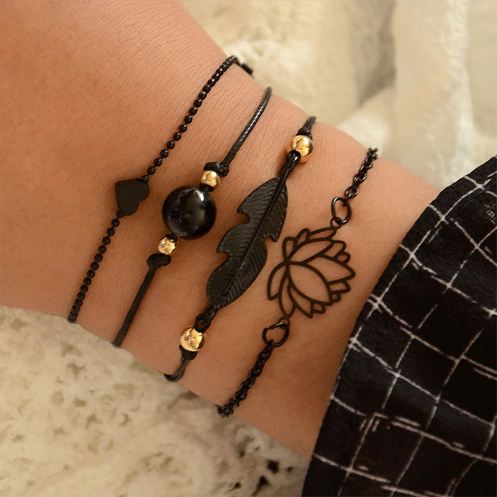 

4PCs Bohemia Black Feather Lotus Bracelets Set Heart Charm Boho Bangles for Women Wrist Chain Bracelets Fashion Jewelry