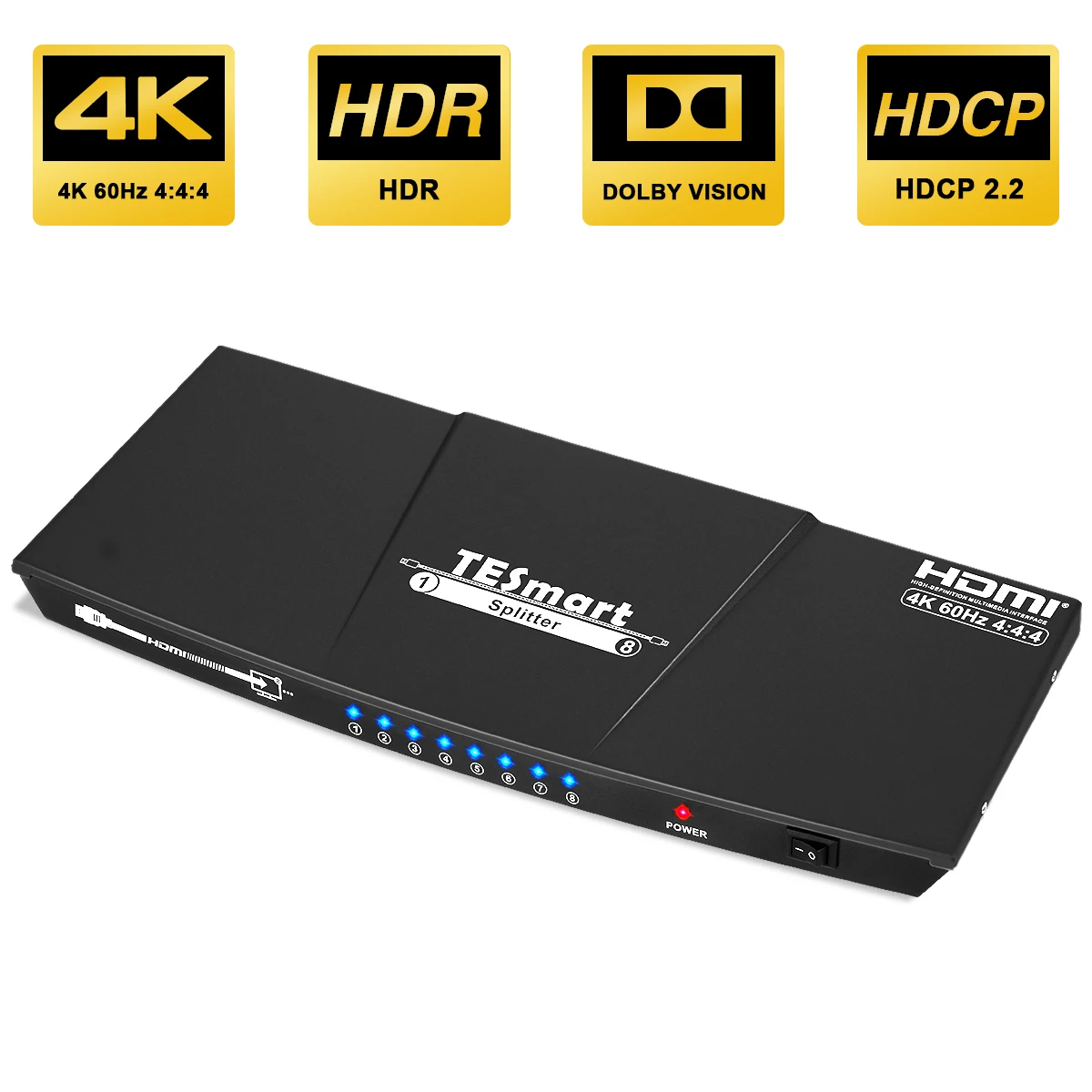 4K HDMI Splitter 1x8 Splitter HDMI 1In 8 Out Splitter 8 Ports Support S/PDIF Audio 4K@60Hz HDMI Switch Splitter 8 Ports