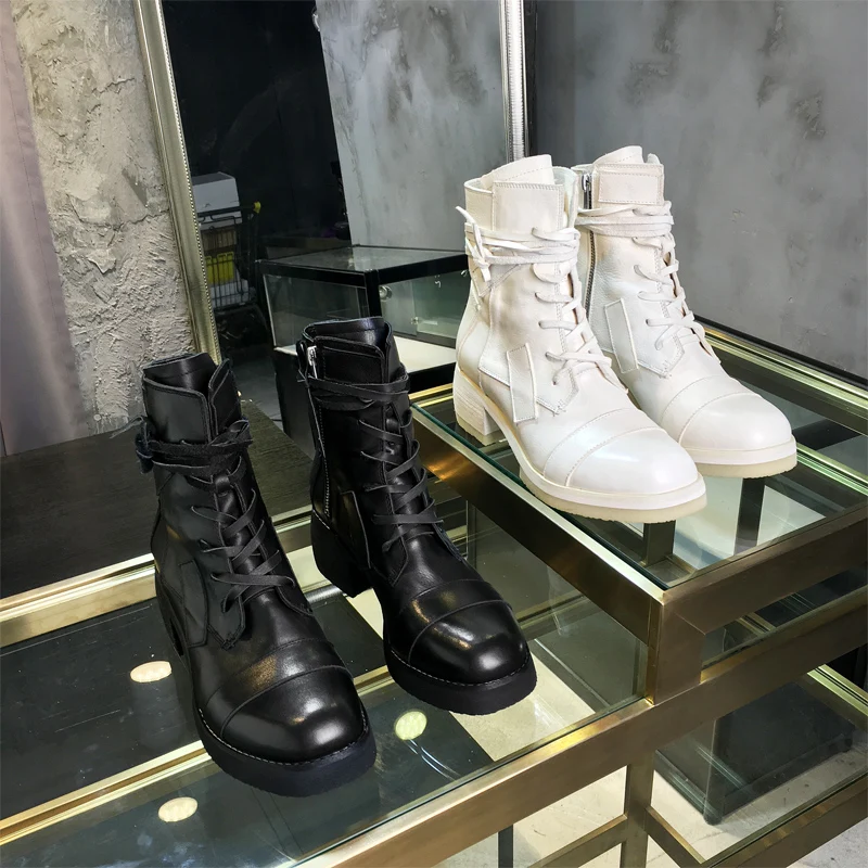 

VALLU 2020 summer military boots white handsome Martin boots British style leather thick heel thin boots outdoor leisure