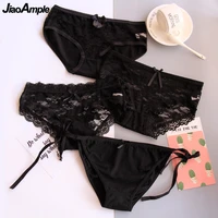4 pieces women sexy black lace panties set lady cozy mid rise briefs girls bow knot underpants womens knickers underwear female