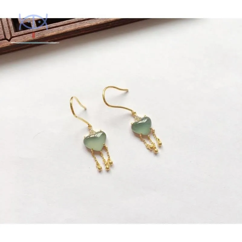 

Ancient Style Jade Earrings S925 Sterling Silver Earrings Inlaid Natural White Ice Chalcedony Jade Lovely Tassel Earrings