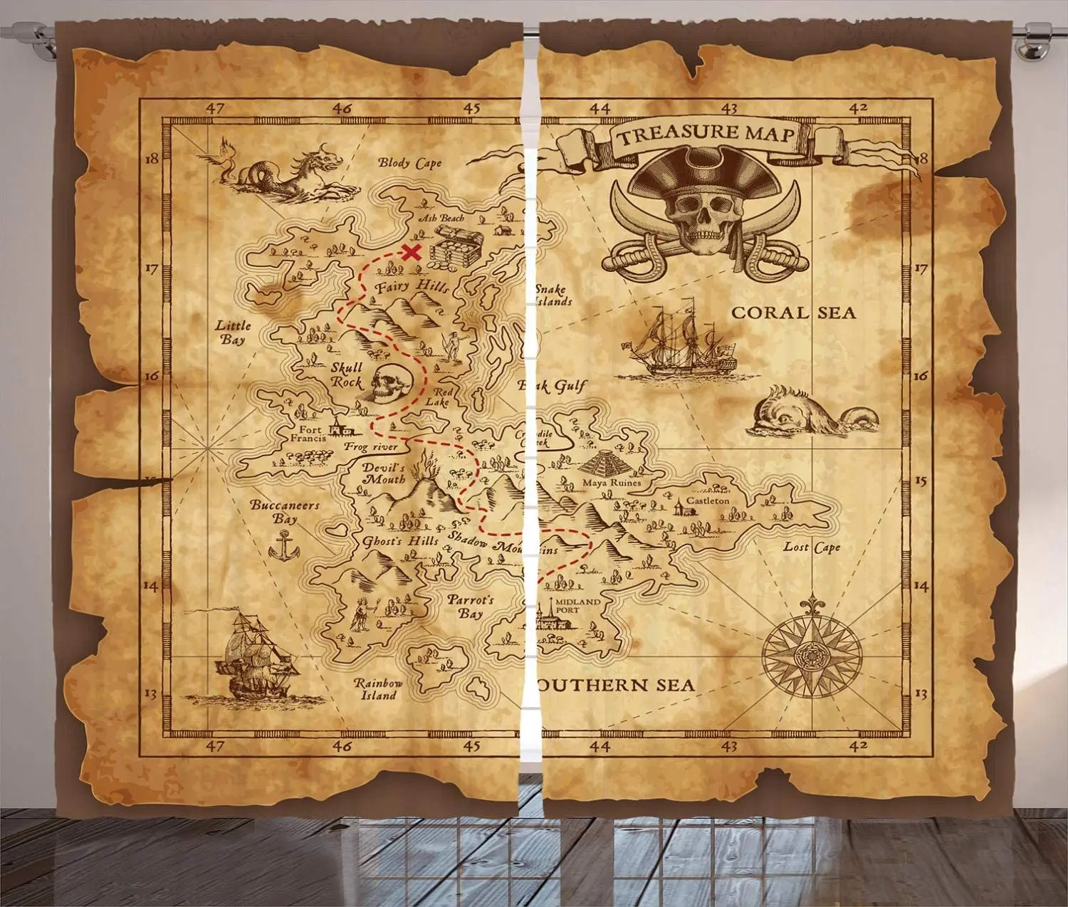 Занавески с изображением карты острова суперподробная карта сокровищами гранж
