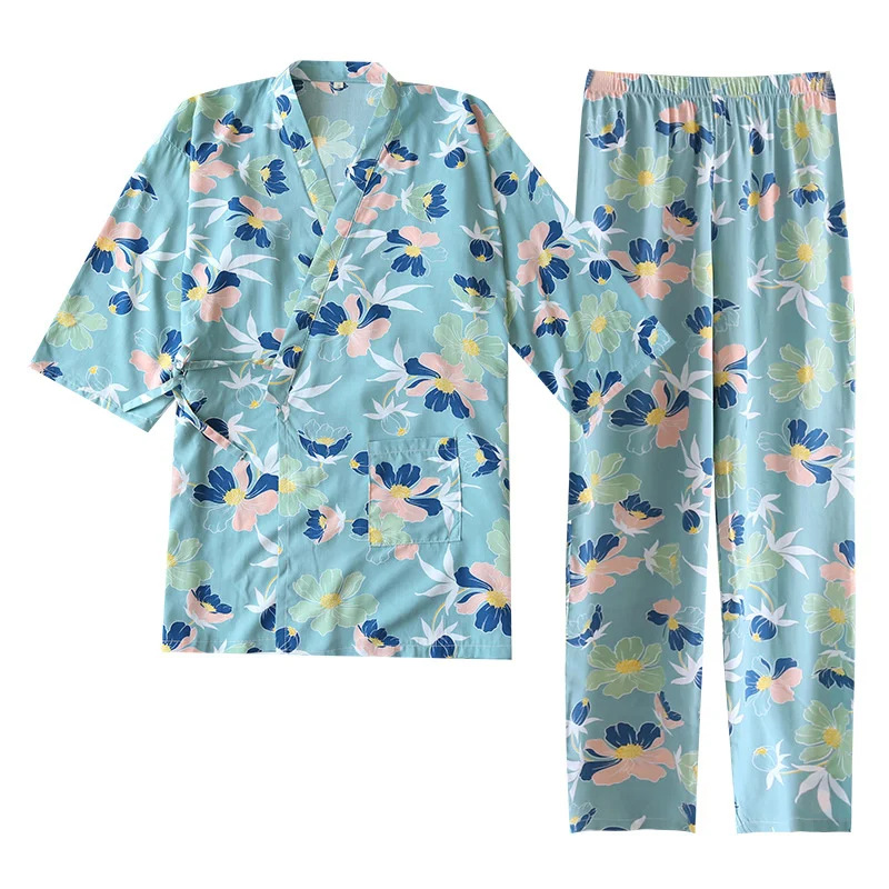 

2021 Japanese Kimono Pajamas Two-piece Suit Ladies Spring and Summer New Big Flower Viscose Loose Home Service Set Floral