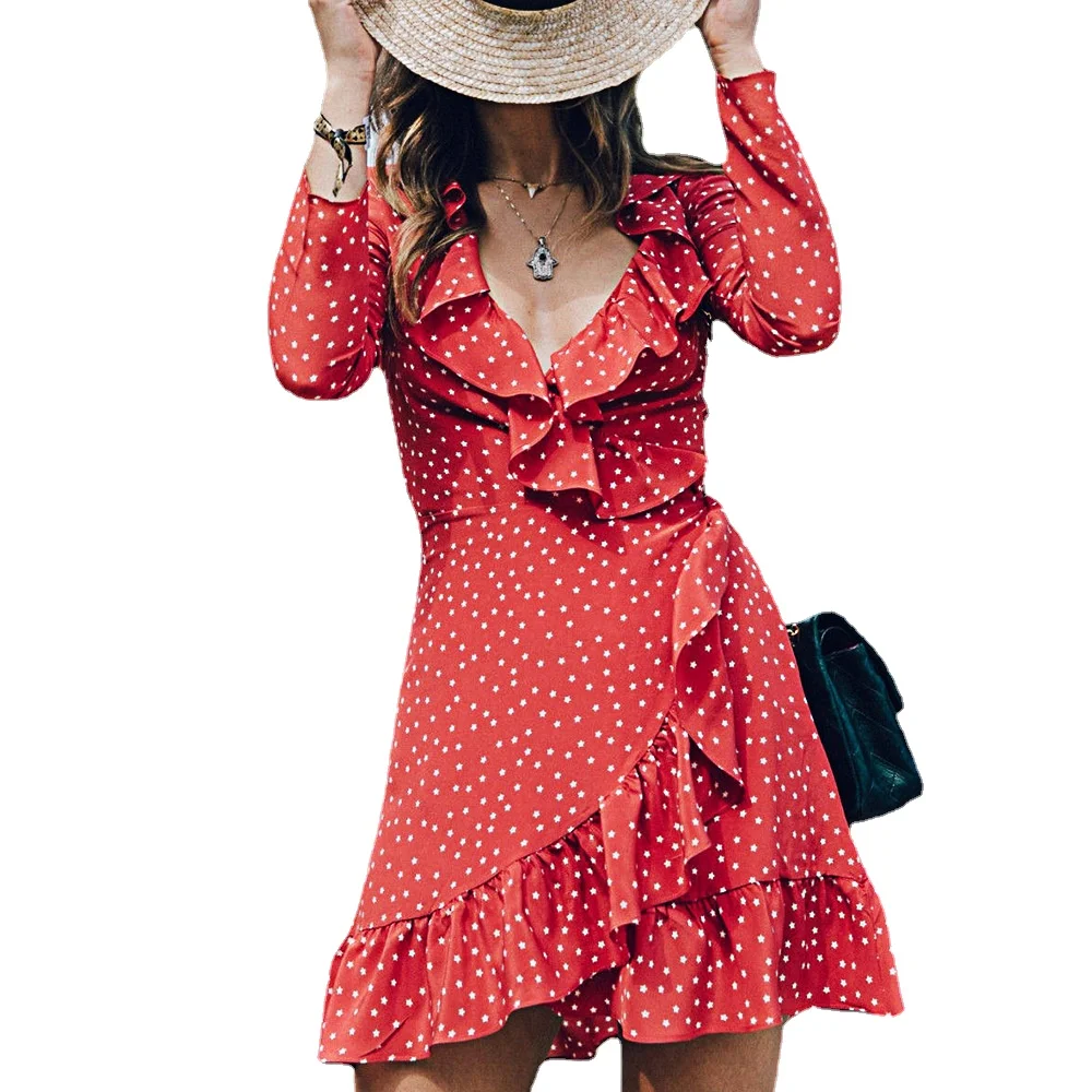 

New V-Neck Long Sleeve Star Ruffle Cardigan Sexy Star Printed Ruffle Wrap Chest Dress Female Elegant Outer Casual Red Dress