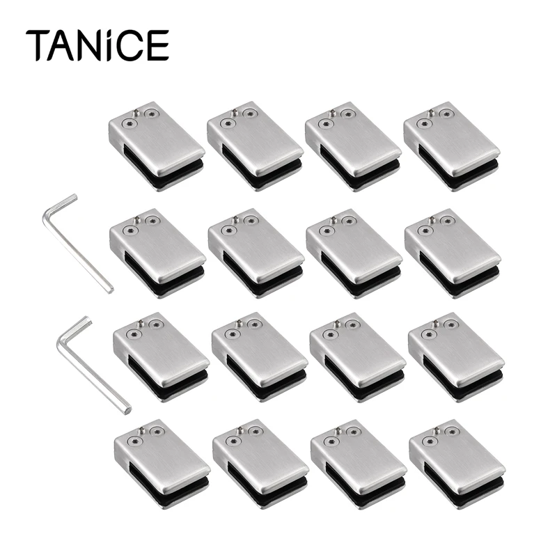 

TANiCE 16Pcs Stainless Steel Square 304 Glass Clip Clamp Bracket Flat Back Bracket Clip Holder For Handrail 10-12mm Staircase