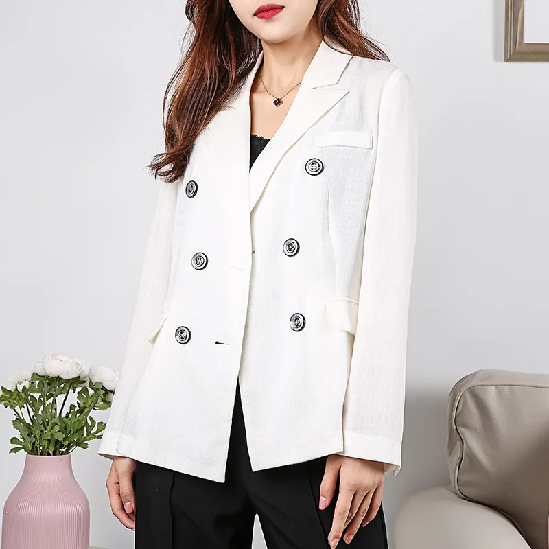 

2021 spring and autumn new suit women's double button imitation linen commuter casual fashion Hong Kong-style jacket