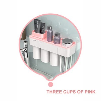 Threecup holder pink MSJO держатель для зубных щеток Автоматический Диспенсер для зубной пасты Магнитная Адсорбция перевернутый Телефон для хранения декора аксессуары для ванной комнаты Набор - Цвет: Threecup holder pink