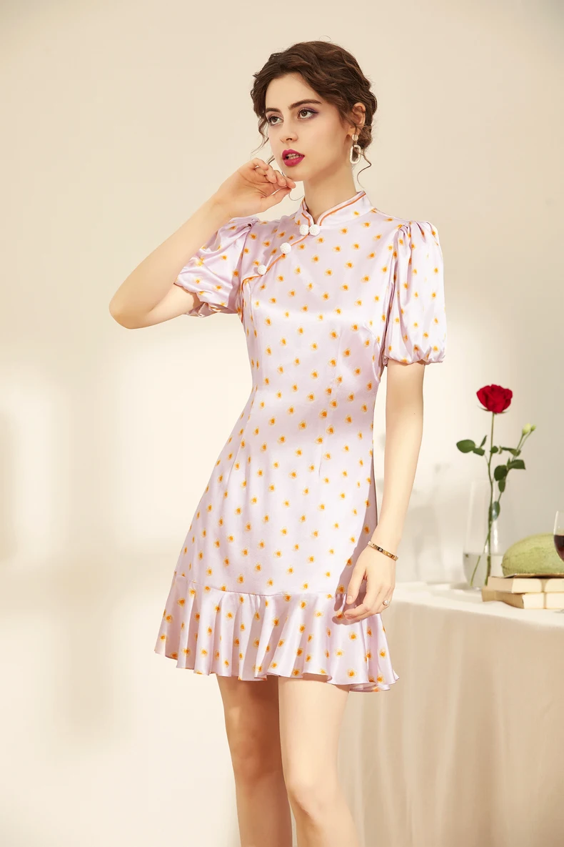

100% Silk Women's Dress Stand Collar Short Sleeves Dots Printed Ruffles Vintage Chinese Style Summer Dresses