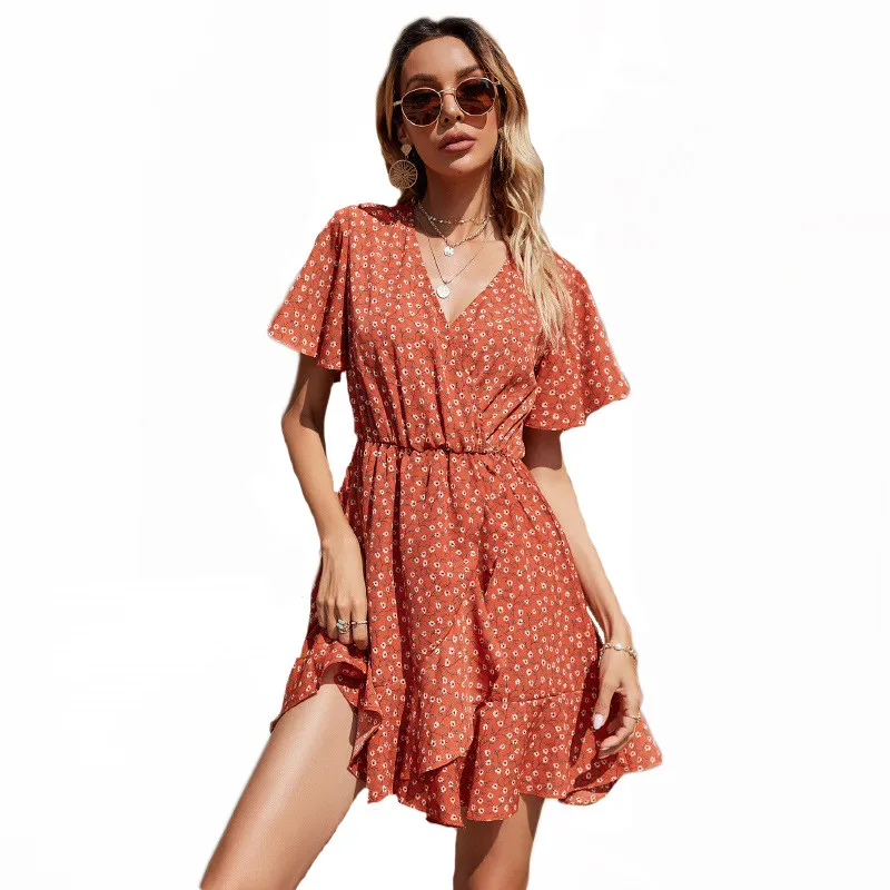 

2021 Summer Dress For Women New Fashion V-neck High Waist Short Sleeves Holiday Printed Slim Dresses Female JD1422