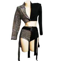 sparkly rhinestone long sleeve tops short skirt women evening prom outfit club party singer dancer show lady stage wear costume