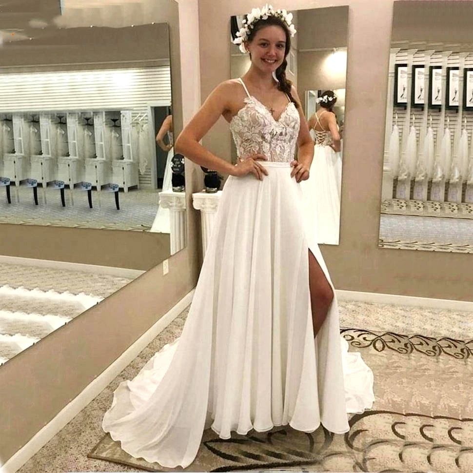 

Богемные свадебные платья, корсет с высоким разрезом на спине, пляжные свадебные платья на тонких бретелях, богемные свадебные платья, хала...