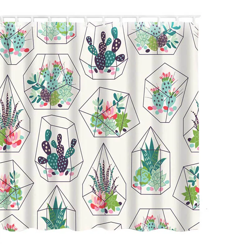 

Tropical Plants Cactus Print Shower Curtain for Bathroom Waterproof Bathtub Curtains Polyester Green Leaves Curtain