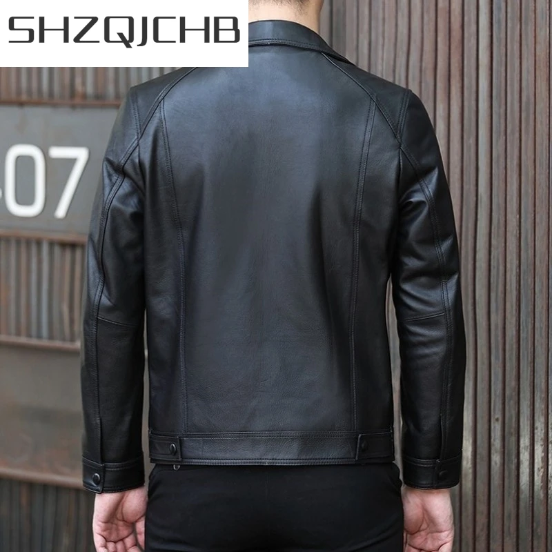 

JCHB 2021 Genuine Motorcycle Leather Jacket Men Luxury Slim Turn-Down Collar Black Cowhide Coat Classic Real Leather Outerwear P