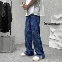 blueblack wide leg jeans mens fashion retro casual baggy plaid jeans men streetwear loose hip hop straight denim trousers mens