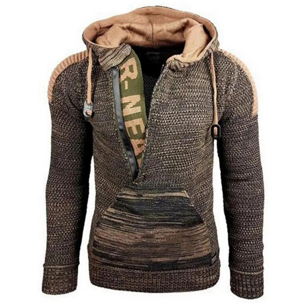

Hoodie Contrast Colors Knitted Warm Drawstring Men Sweater Coat for Winter