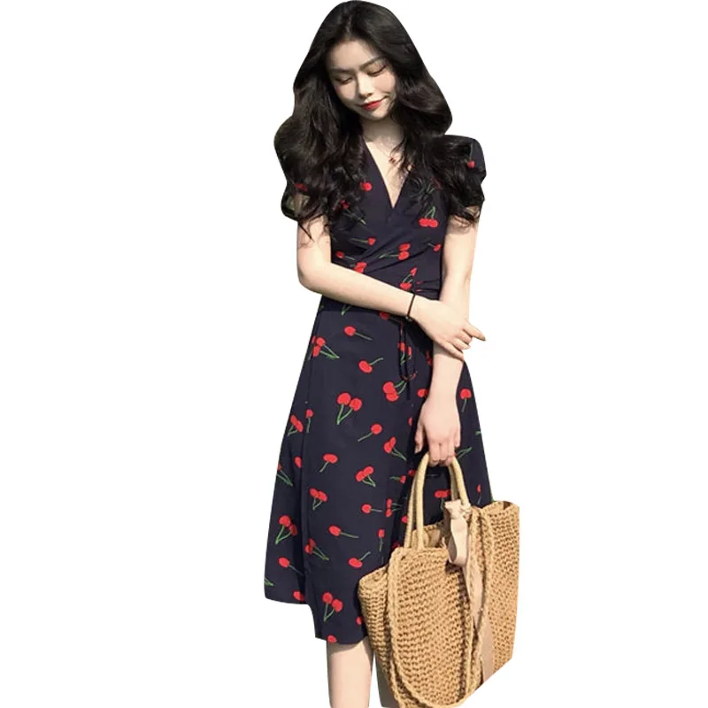 

Elegant Fashion Chiffon new V-neck retro slim A-line dress loose beach dress flower women's dress SS1081