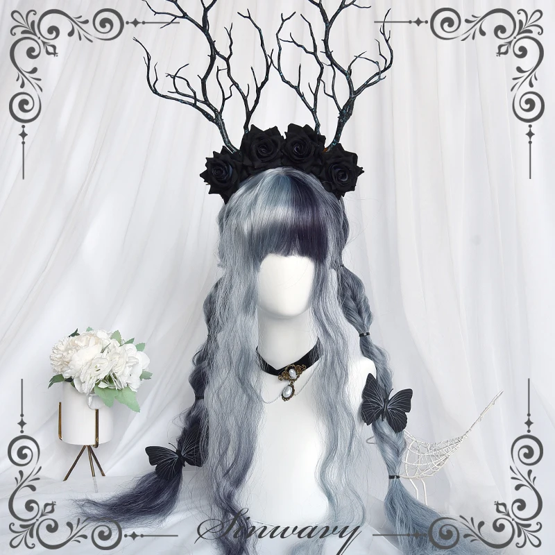 Женский длинный волнистый головной убор в стиле Харадзюку темно-серого цвета |