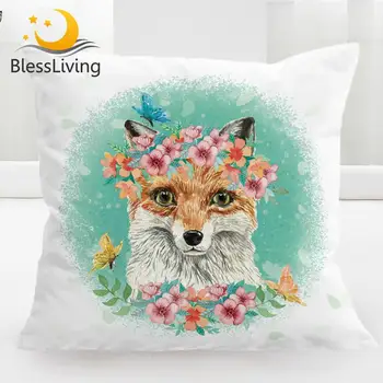 BlessLiving Fox Pillow Cover Floral Girly Cushion Covers Watercolor Wildlife Pillow Case 45x45cm Animal Butterfly Kussenhoes 1