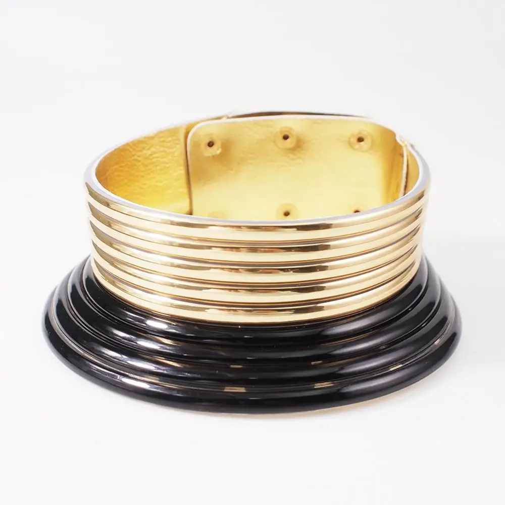 Gold black Винтажное массивное ожерелье-чокер для женщин, Африканское ювелирное изделие, золотого цвета, кожаный Макси Большой воротник, ожерелье с регулируемым укне - Окраска металла: Gold black