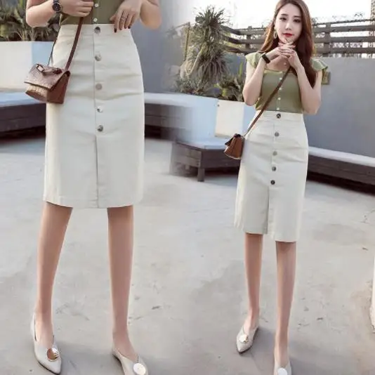 Однобортная женская джинсовая юбка с высокой талией уличная одежда стрейчевая