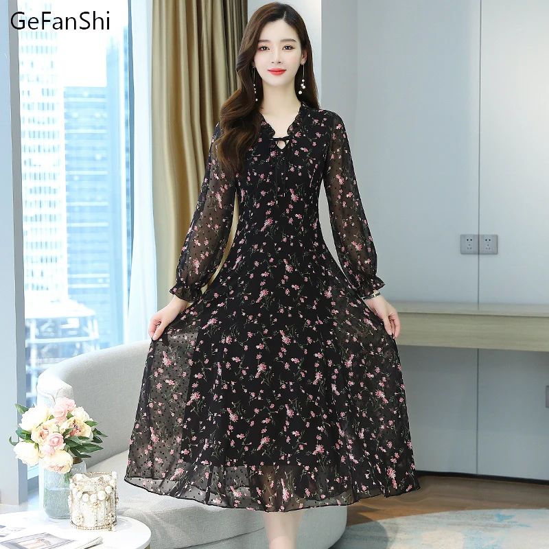 

Women Summer Autumn Vintage Floral V-Neck Loose Chiffon Long Sleeve Dress Fashion Casual Elegant Dresses Sundress For Woman