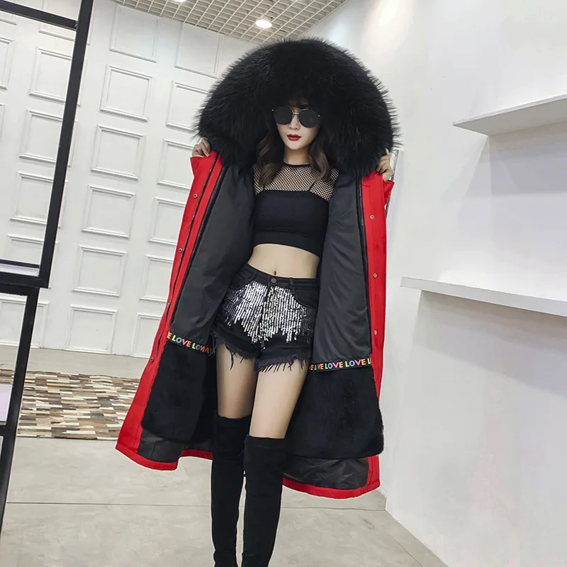 Женская меховая парка LF9037 теплая длинная с подкладкой из натурального